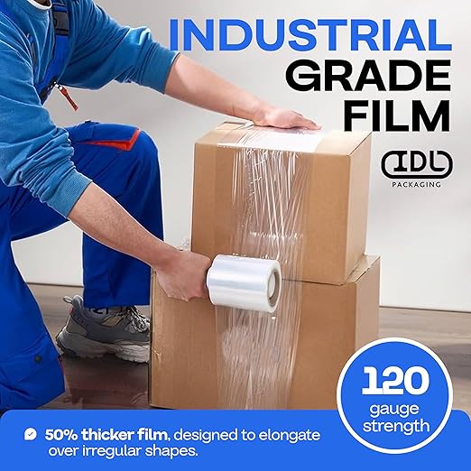 IDL Packaging 5" Stretch Wrap Mini Roll, 700 feet, 120 Gauge (Pack of 8) with a Plastic Handle Included – Industrial Grade Clear Plastic Wrap – Improved Protection for Packing, Moving, or Office