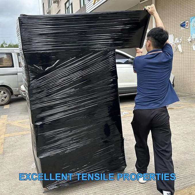 Black Pallet Wrap Stretch Film: 4 Pack Moving Wrapping Plastic Roll with 2 Handles, 18" Strength up to 800%, 80 Gauge Thick Shrink Wrap Roll for Pallet Packaging, Transportation, Stability, Protection
