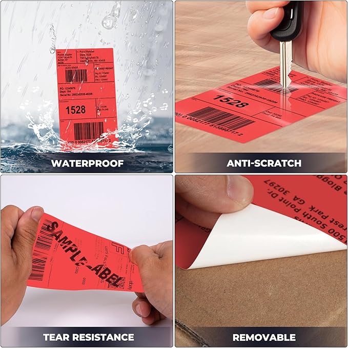 Red Thermal Labels 3 × 5 Inch Vinyl Self-Adhesive Fanfold Direct Shipping Stickers Waterproof Perforated Printer Decal for Office Warehouse Barcode 300 PCS