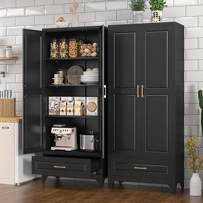 Kitchen Pantry Cabinet, 75" Tall Pantry Cabinet with Drawer, Metal Storage Cabinets with Doors and Shelves, Freestanding Food Cupboards for Dining & Living Room, Black, Assembly Required
