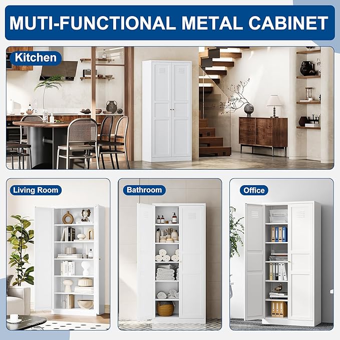 Metal Storage Cabinet-71” Tall Steel File Cabinets with Doors and 5 Adjustable Shelves-White Steel Storage Cabinet for Home,Kitchen, School, Office, Garage