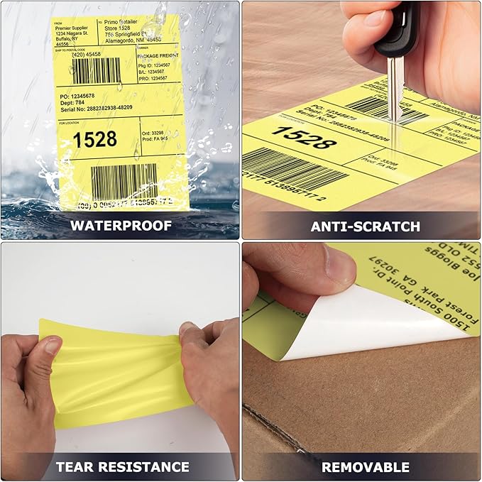 Yellow Direct Thermal Labels 4 × 6 Inch Vinyl Self-Adhesive Fanfold Shipping Stickers Waterproof Perforated Printer Decal for Office School Warehouse 500 PCS