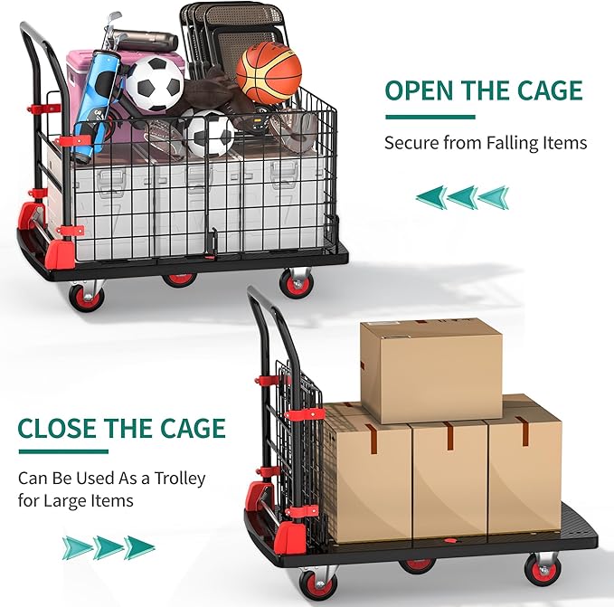 YITAHOME Platform Truck Cart with Cage, 42 x 26 in 1000LBS Capacity Folding Cart with Wheels,Heavy Duty Hand Moving Cart,Foldable Dolly Cart with Basket for Warehouse Luggage Moving