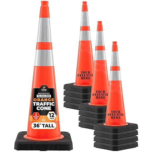 Xpose Safety 36 Inch Orange Slim Line Traffic Cones Heavy Duty 12lb with 6" & 4" Collars, 12 Pack Multipurpose PVC Plastic Safety Cone for Parking, Soccer, Caution, Kids & Construction - DOT Approved