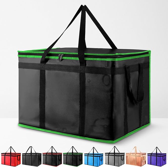 XXXL Insulated Food Delivery Bag - Reusable Thermal Cooler Grocery Bags for Catering&Delivery, Pizza Carrier for Events, Large Capacity Bag Keeps Food Hot/Cold, Commercial (Black with Green Trim, 1PK)