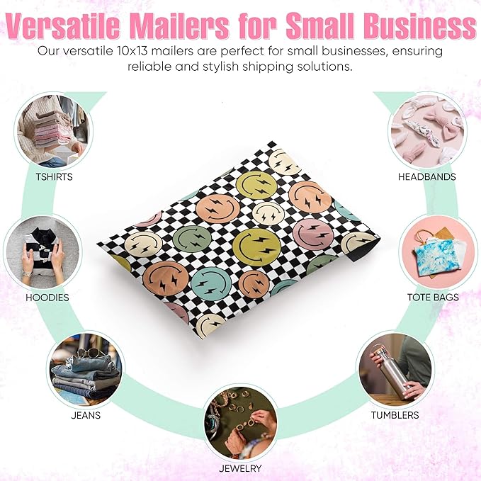 10x13 Poly Mailers – Smiles Checkerboard – Waterproof, Tear-Resistant Shipping Bags with Adhesive Seal – 25 Pack – Package Mint