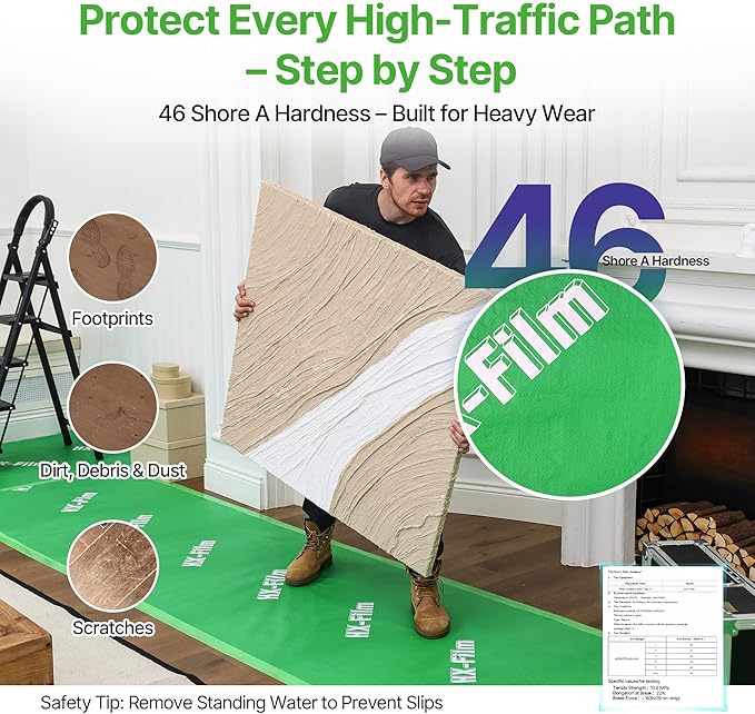 39" x 100' Heavy-Duty Floor Protection | Construction Grade Carpet Protector | Drop Cloth Plastic Film for Hardwood Floors | Waterproof Painters Covering with No Residue (Green)