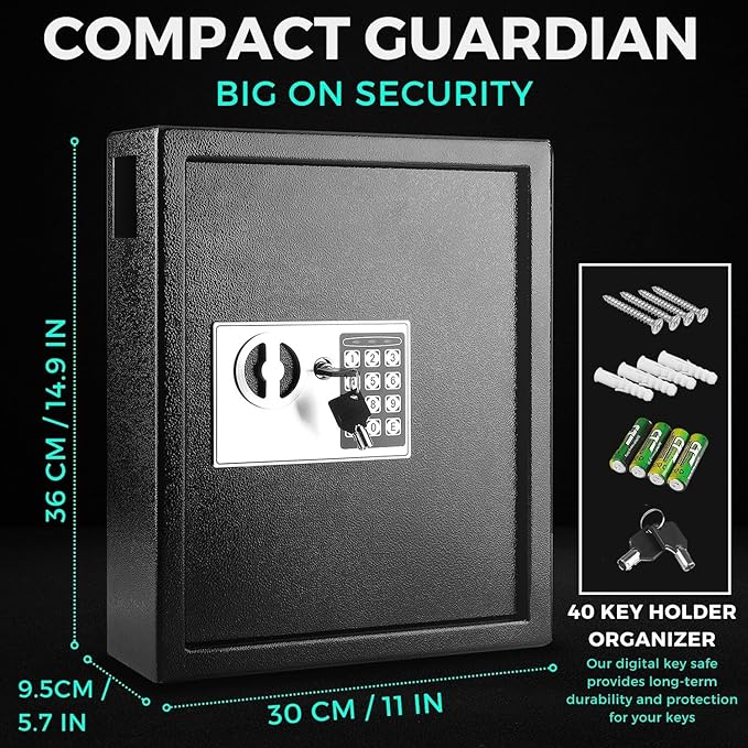 Flexzion Key Box Wall Mount With Code, Key Cabinet, Key Deposit Slot, 40 Key Holder Organizer Locker Case, Colored Key Tags Wall Mounted Lock Box For Keys Storage (Black)