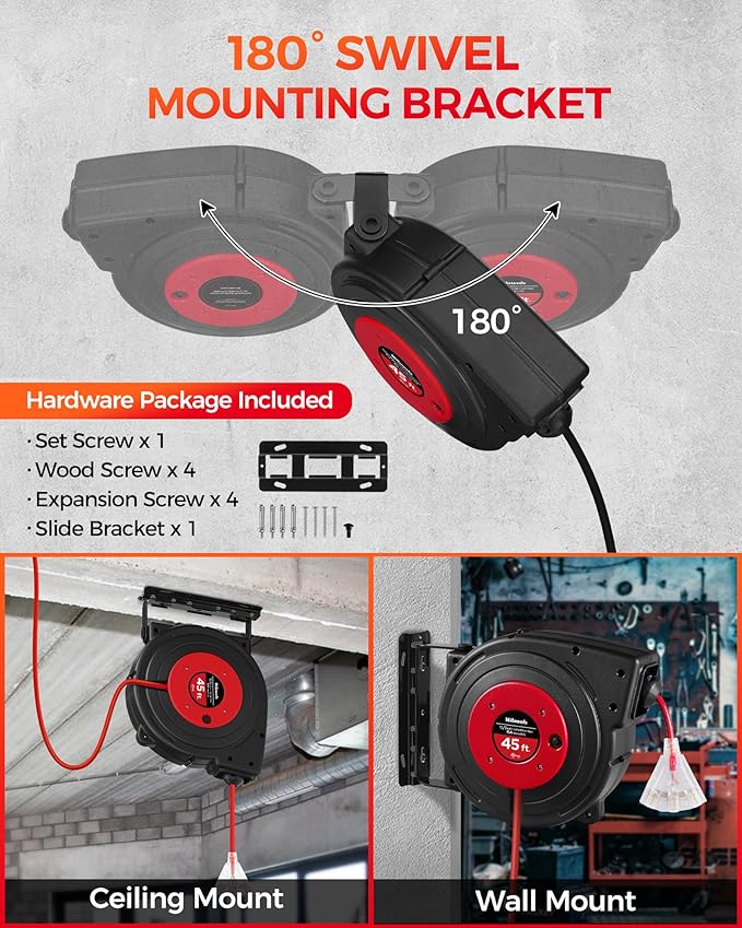 Retractable Extension Cord Reel, 45 FT Heavy Duty Power Cord, 12AWG/3C SJTOW, 3 Grounded Outlets Lighted Triple Tap, 15 Amp Circuit Breaker, UL Listed, Red R45CR06