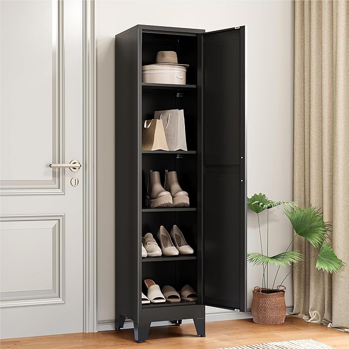 COFaR 67" Modern Pantry Cabinet, Black Storage Cabinet with Magnetic Door & 4 Adjustable Shelves, Slim Freestanding Cupboard for Office, Kitchen, Bathroom