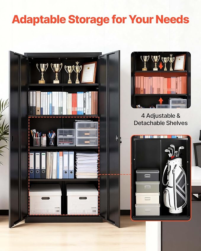 VEVOR Metal Storage Cabinet, Steel Garage Cabinet with Lockable Magnetic Doors and Adjustable Shelves, 2 Keys, 5-Tiers Tall Tool Cabinet Locker for Home, Office, Pantry, Warehouse, Laundry, Black