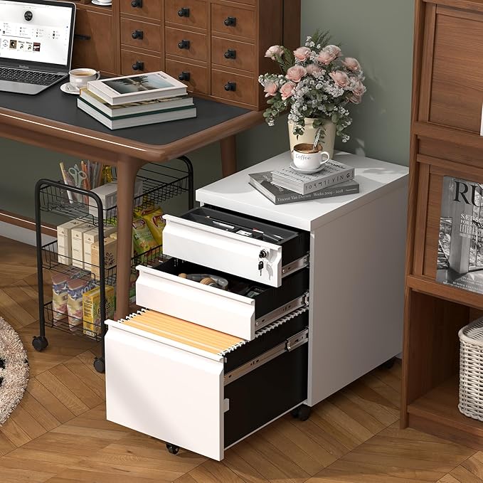 3 Drawer File Cabinet on Wheels,25.6" H White Filing Cabinet with Lock,Under Desk Metal File Cabinet for Home Office Organizer Letters/Legal/A4(Assembly Required)