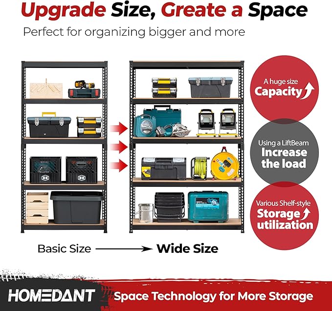 HOMEDANT 5 Tier Storage Shelves Adjustable Laminated Boltless Garage Metal Shelving Unit Heavy Duty Utility Rack Shelf Warehouse Pantry Closet Kitchen (2, (L) 48.1" W, Black)