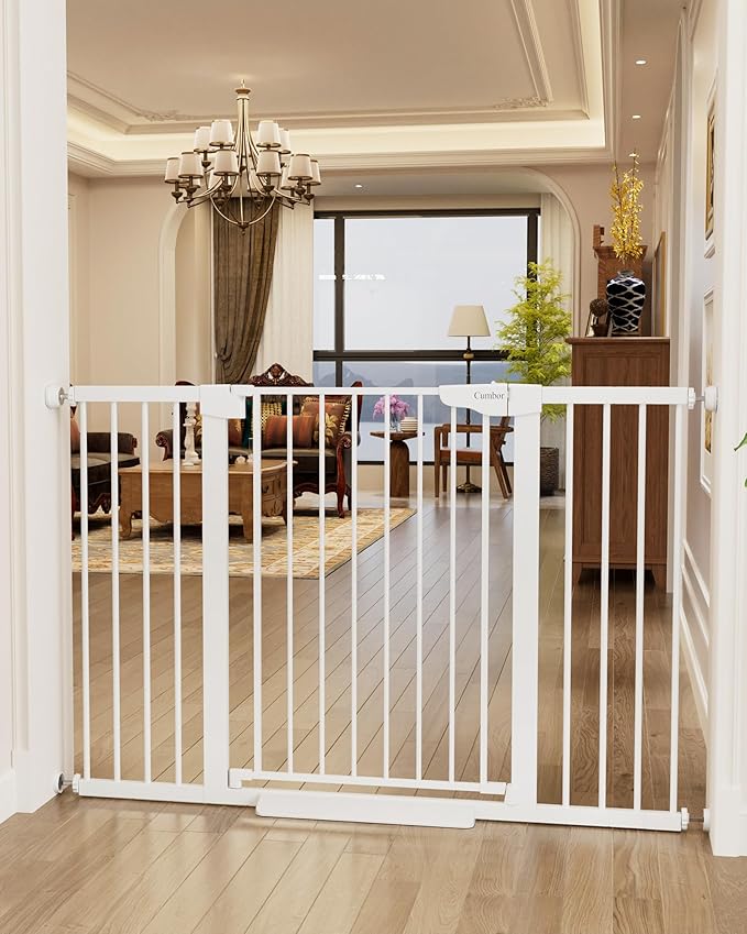 Cumbor 36" Extra Tall Baby Gate for Stairs, 29.7-54.2" Extra Wide Dog Gate for Doorways Hallways, Pressure Mounted Child Gate for Wide Opening, Auto Close Personal Safety for Babies and Pets, White