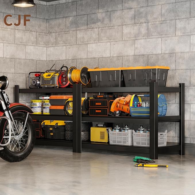 CJF Metal Storage Shelves, 3-Tier Garage Shelving Unit, Heavy Duty Adjustable Metal Shelving for Garage, Basement, Pantry, Warehouse-Black (36 "H x 36" W x 16" D)