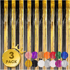3 Pack 3.3x8.2 Feet Black and Gold Foil Fringe Backdrop Curtains, Tinsel Streamers Birthday Party Decorations, Fringe Backdrop for Graduation, Baby Shower, Gender Reveal, Disco Party