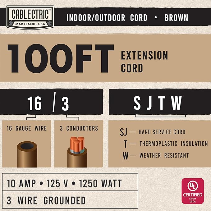 Brown 100' Extension Cord, 16/3 Heavy Duty Cable with 3 Prong Grounded Plug for Safety, 15 AMP for Garden, Lawn, Tools & Major Appliances, 100' Outdoor Extension Cord 3 Prong