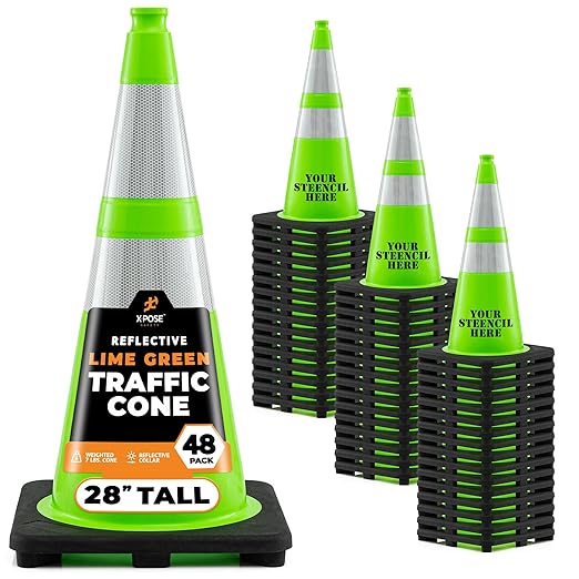 Xpose Safety 28” Lime Green Traffic Cone Dual 6" & 4" Reflective Collar – 48 Pack Multipurpose Premium PVC Safety Cone for Parking, Caution, Construction, Road Crews, Emergency Vehicle - DOT Approved