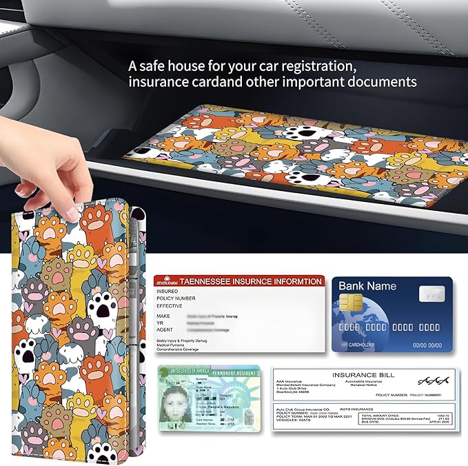 Premium Car Registration and Insurance Card Holder, Cute PU Leather Car Document Holder, Vehicle Glove Box Car Organizer with Magnetic Closure for Driver License, Cards Colorful Paws
