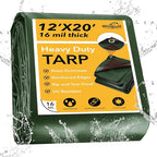 Tarp 12x20 Feet 16 Mil Heavy Duty Waterproof Tarp, Large Multipurpose Cover with Brass Grommets and Reinforced Edges, UV Resistant Thick Poly Tarps for Outdoor Camping Tent Pool Car, Green