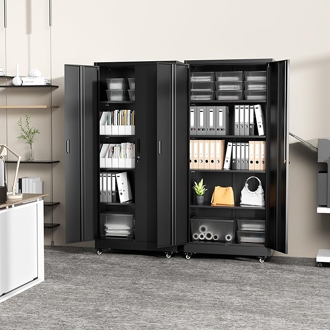 Greenvelly Metal Storage Cabinet with Wheels, 73” Black Metal Rolling Garage Cabinet with 2 Door and Adjustable Shelves,Locking Storage Cabinets for Garage Home Office Utility Room