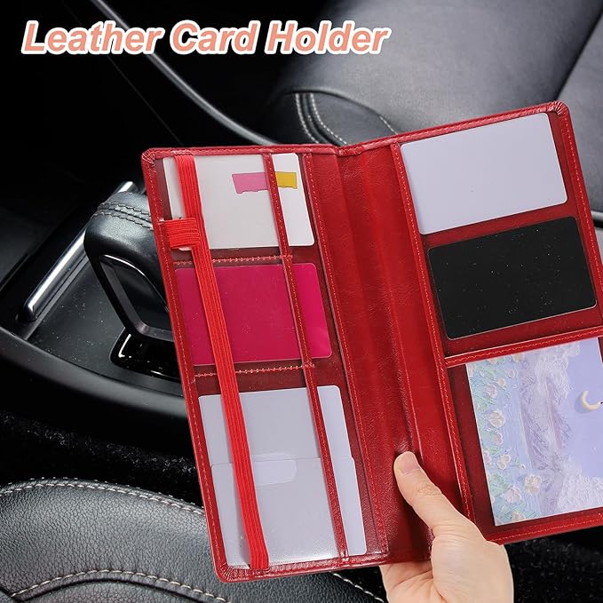 HARFINGTON Car Registration and Insurance Holder 9.45" x 5.04" PU Leather Vehicle Glove Box Organizer Storage Accessories Men Women Car ID Holder for License ID Card Bank Card, Burgundy