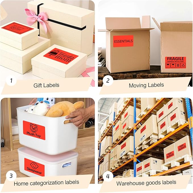 3x5 Inch Thermal Label Stickers,300Pcs Waterproof Rectangle Labels for Storage Bins,Moving Boxes,Address & Inventory Organization,Small Business Labeling,Fluorescent Red