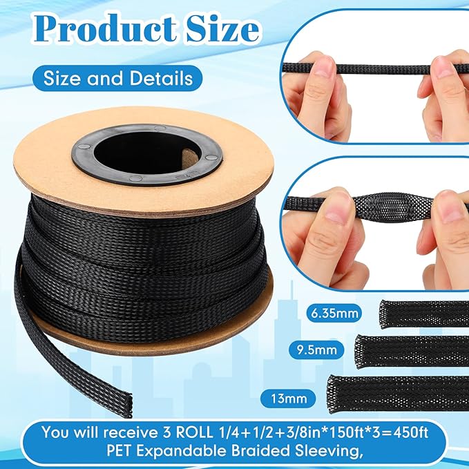 Pangda 450 Feet 1/4, 1/2, 3/8 Inches Wire Loom PET Expandable Braided Sleeving Braided Sleeve for TV, Computer, Home Theater (Black)