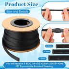 Pangda 450 Feet 1/4, 1/2, 3/8 Inches Wire Loom PET Expandable Braided Sleeving Braided Sleeve for TV, Computer, Home Theater (Black)