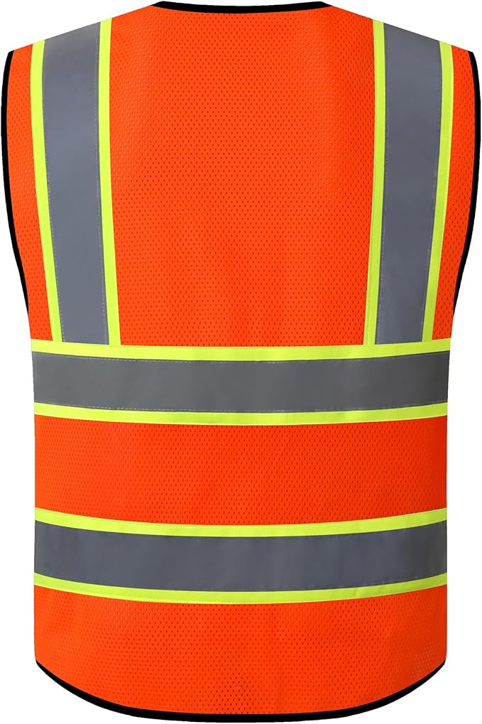 Safety Vest for Men Women Reflective with 5 Pockets and Zipper Front Mesh High Visibility Vest Hi Vis Construction Work Vest,Meets ANSI/ISEA Standards(EK175-Orange-XL)