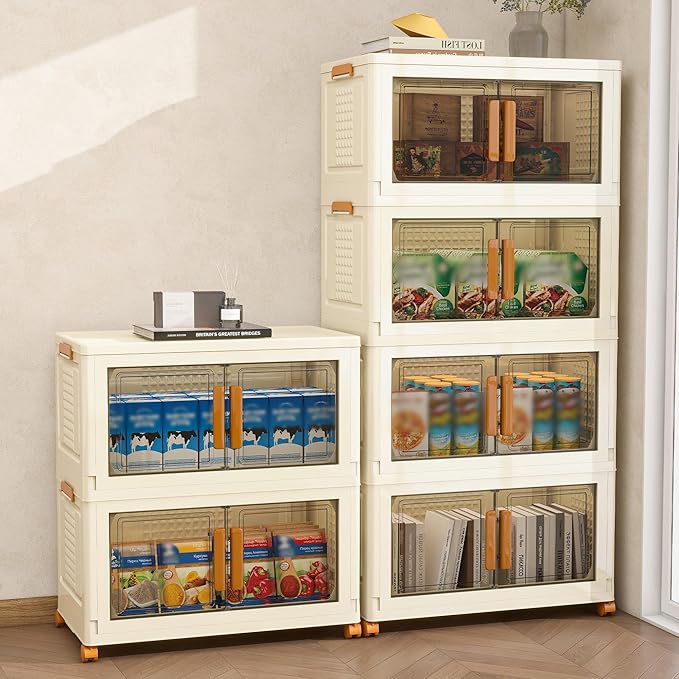 Plastic Stackable Storage Bins with Lids and Wheels, 182.4QT-45.6QT*4Tier Foldable Closet Organizers and Containers, Collapsible Clear Drawer Storage Cabinet with Doors Ivory White