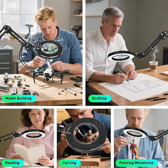 12X Magnifying Glass with Light and Clamp, Ultra Long 3-Section Arm LED Lighted Desk Magnifier, Helping Hand Solder Station, 5 Color Stepless Dimming, 4-Way Large Clip for Craft Workbench Repair