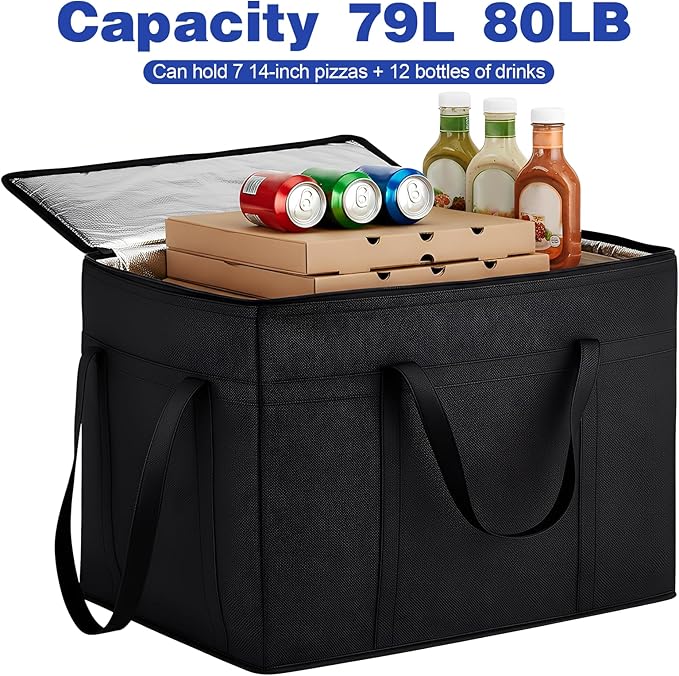3 Pack Large Insulated Food Delivery Bag with hard bottom XXXL Large Reusable Thermal Cooler Grocery Tote Bag Thermal Cold/Hot Styrofoam Carrier for Shopping/Travel, Black