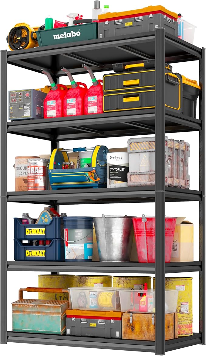 78" H Storage Shelves 5 Tier Metal Shelving Unit 3000LBS Garage Shelving Heavy Duty Storage Rack for Basement, Warehouse, Pantry, Closet, Kitchen 78" H x 39.4" W x 17.7" D, Black