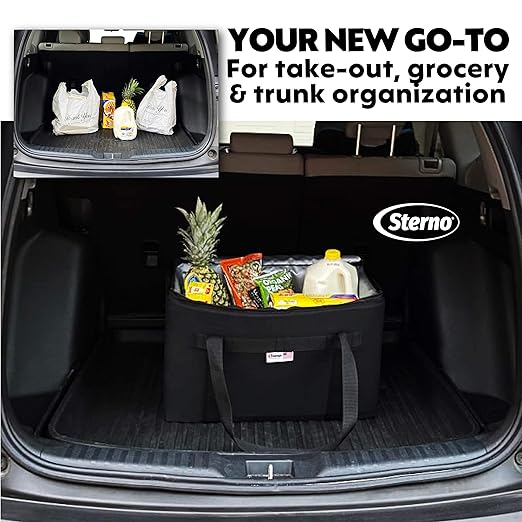 Sterno Trunk Buddy Insulated Leak Proof Organizer, Hot and Cold Food Bag for Groceries, Beverages and More, Black Cloth Exterior with Vinyl Liner, 13”L x 22”W x 14”H