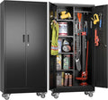 61.7"H Metal Garage Storage Cabinet with Wheels and Hanging Rod,Broom Closet Storage Cabinet with Pegboard and 4 Adjustable Shelves with 120LBS for Garage Home Office School,Required Assembly,Black