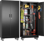 61.7"H Metal Garage Storage Cabinet with Wheels and Hanging Rod,Broom Closet Storage Cabinet with Pegboard and 4 Adjustable Shelves with 120LBS for Garage Home Office School,Required Assembly,Black