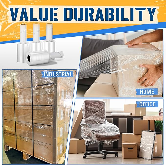 Frienda 12 Pcs 4 Inch Plastic Stretch Wrap Film Roll 500ft Clear Mini Moving Plastic Wrap Roll with Handle 80 Gauge Shrink Wraps Industrial Strength Shrink Film for Moving, Packing, Self Adhering