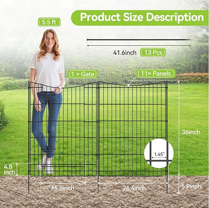 INJOPEXI Decorative Garden Fence 12 Panels 26ft(L)×36in(H) Metal Garden Fences with 11 Panels + 1 Gate, Animal Barrier Rabbit Fence Rustproof Wire Temporary Dog Fencing Outdoor for Backyard Lawn
