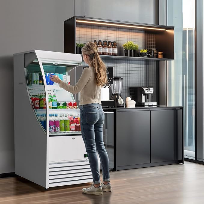 Wilprep Commercial Display Refrigerator, 27" Open Air Merchandiser with 6.7 cu. ft. Volume LED Lighting Night Curtain, Grab and Go Display Refrigerator Showcase for Store Cafe Bar Shop