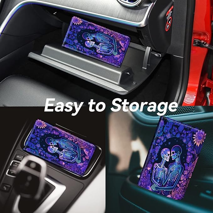 Car Registration and Insurance Holder, Leather Car Glove Box Organizer, Cool Car Accessories for ID, Driver's License Cards & Essential Document,business cards,Men&WomenBlacklight Skeleton Flower
