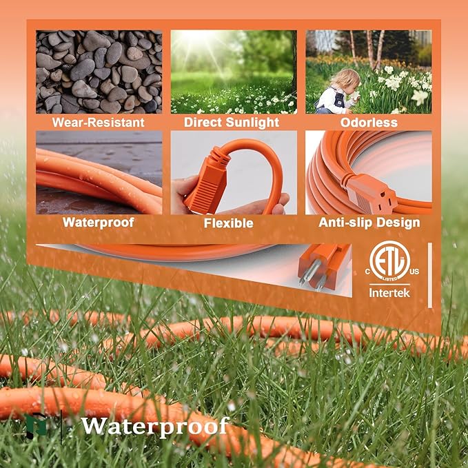PLUGTUL 25 FT 12/3 Outdoor Extension Cord Waterproof, Heavy Duty 12 Gauge SJTW Extension Cord, 15A 1875W, ETL Listed, Great for Garden and Home, Orange