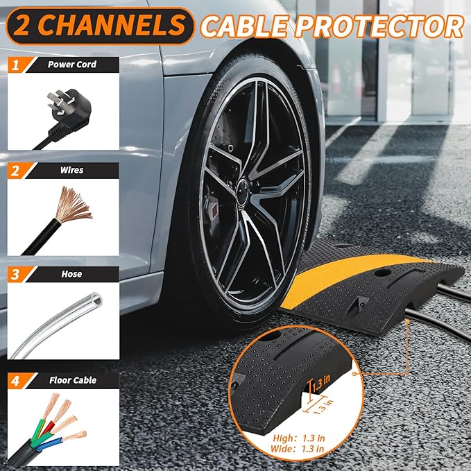 3.3 Ft Rubber Speed Bump, 2 Pack 2 Channel Modular Heavy Duty Speed Bumps Humps 25000 lbs Load Capacity, Cable Protector Ramp for Asphalt Concrete Gravel Driveway Road