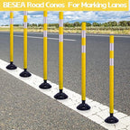 BESEA 8 Pack 36 Inch Traffic Delineator Posts with Reflective Collars Yellow Road Cones,Yellow Durable Flexible Safety Cones for Construction, Parking Lot, and Roadway Use