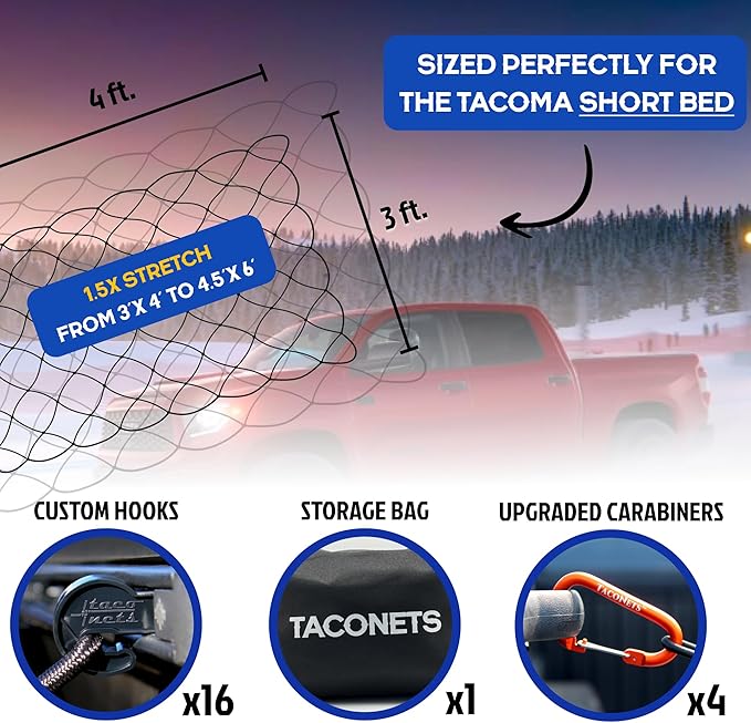 Cargo Net for Toyota Tacoma Short Bed - Fits 2005-2025 - Patented Bed Rail Integration - Heavy Duty 8mm Premium Bungee 3'x4' Cargo Netting - Designed in USA
