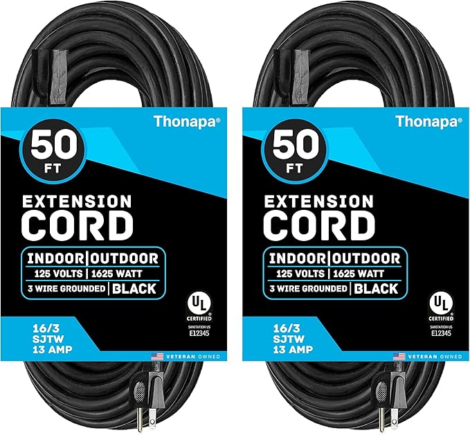 13 Amp Outdoor Extension Cord 50 ft, 2 Pack, 16/3 SJTW 50 Foot Black Extension Cord 3 Prong Multi Pack, Weatherproof ExteriorPower Cable for Outdoor Lights, Landscaping, Lawn, UL Certified