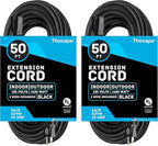 13 Amp Outdoor Extension Cord 50 ft, 2 Pack, 16/3 SJTW 50 Foot Black Extension Cord 3 Prong Multi Pack, Weatherproof ExteriorPower Cable for Outdoor Lights, Landscaping, Lawn, UL Certified