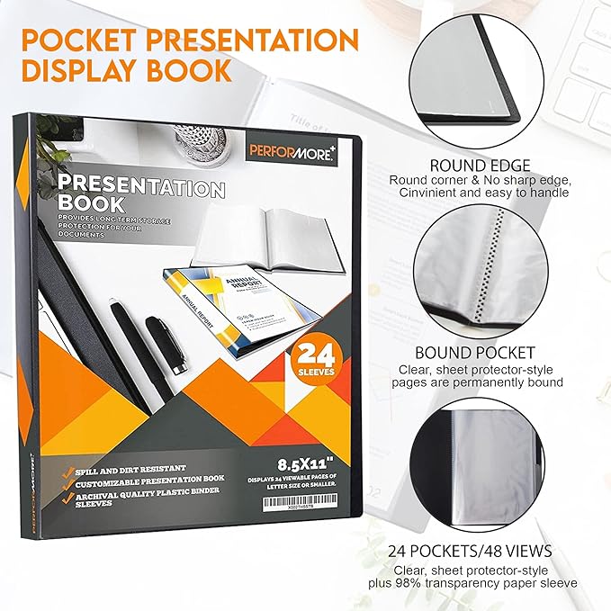 Performore 24-Pocket Presentation Book Folder | 8.5" x 11" Plastic Display Binder with Spill-Proof Clear Sleeves | Archival Acid-Free Portfolio for Certificates, Reports, and Documents (Black)