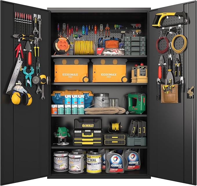Upgraded Wide Metal Storage Cabinet - 72 Inch Black Lockable Garage Cabinet with Wheels & 4 Adjustable Shelves | Heavy-Duty Steel Cabinet for Garage, Office, Pantry, Gym