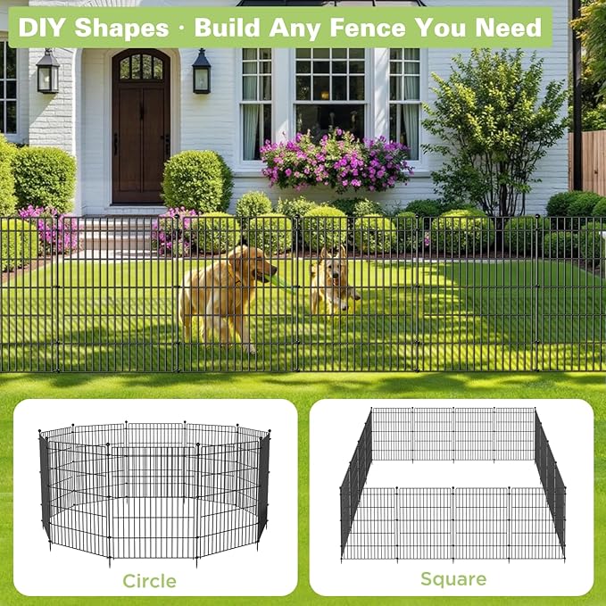 5 Panels No Dig Garden Fence with Gate, 34in(H) × 11.25ft(L) Decorative Metal Outdoor Dog Fence, Rustproof Pet Fencing for Yard, Patio, Flower Bed -Temporary Fencing| Easy to Install